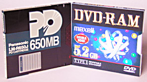 Maxell DVD-RAM disk for Panasonic DVD-RAM (right), PD disk (left).
